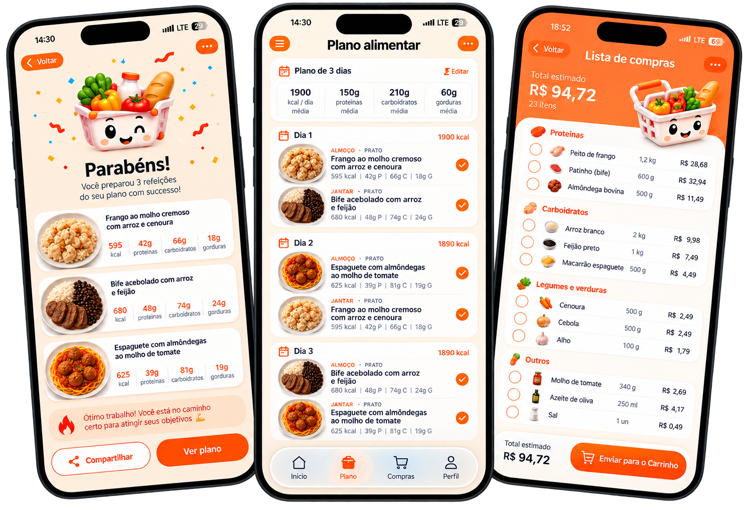 Telas do Karti: o plano alimentar com calorias e macros, a lista de compras com preços e os parabéns ao concluir o preparo