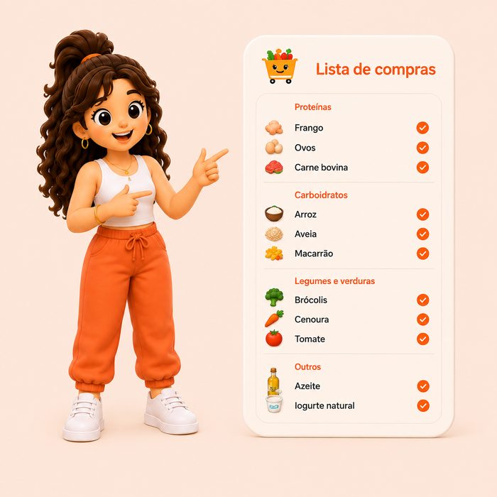 Ana ao lado da lista de compras do Karti