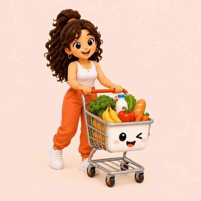 Ana fazendo as compras com o carrinho cheio