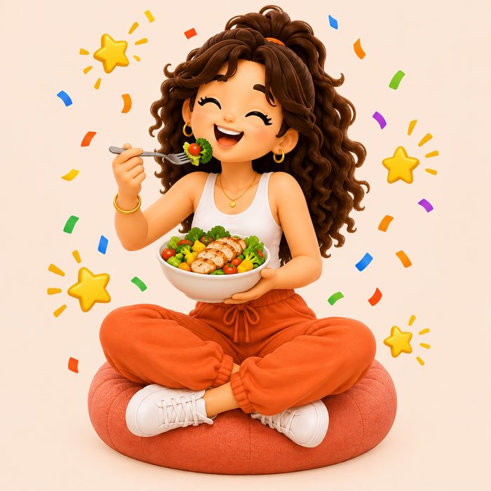 Ana comendo a refeição pronta