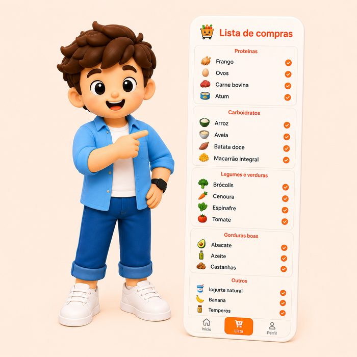 Pedro ao lado da lista de compras do Karti