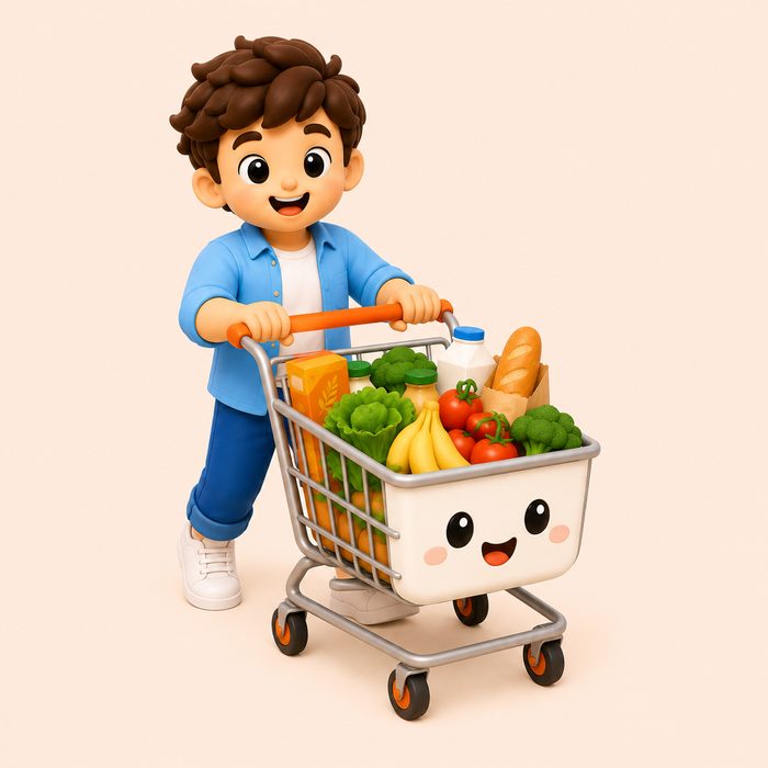 Pedro fazendo as compras com o carrinho cheio