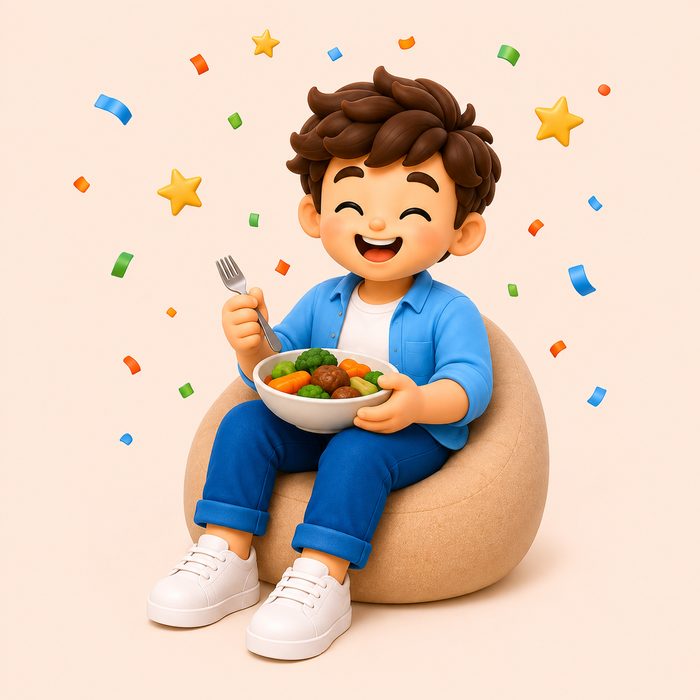 Pedro comendo a refeição pronta